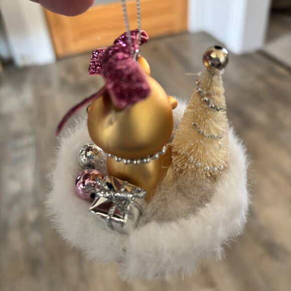 Whimsical Pink & Gold Christmas Kitty Cat Pink Basket Tree Ornament 4"H - Picture 3 of 5